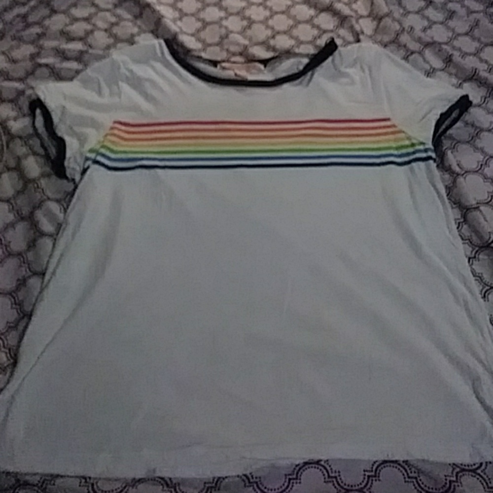 I am selling a basic white tee with rainbow stripe